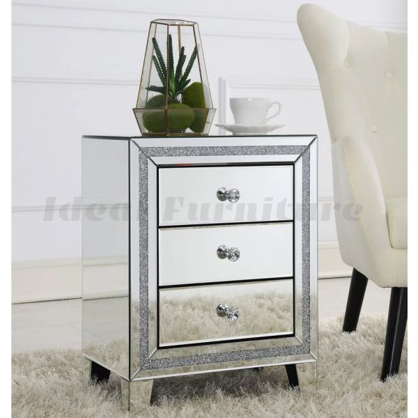 Diamond Crush Mirrored Glass 3 Drawers Beside Cabinet 