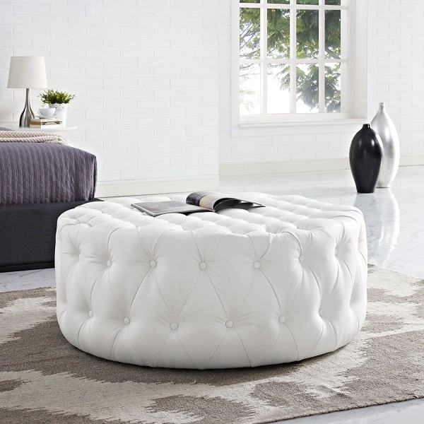 Black leather round ottoman 